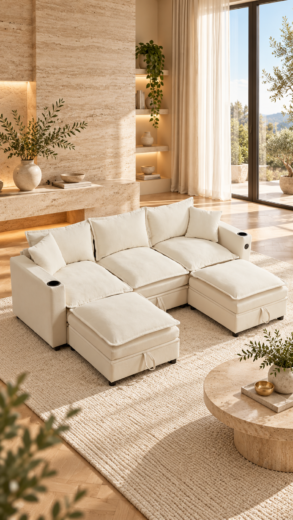 SALON CANAPE CONVERTIBLE MODULABLE AVEC COFFRE BLANC