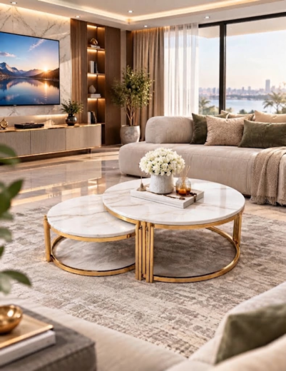 TABLE BASSE ENSEMBLE 2PIECES 80X60CM BLANC MARBRE R04