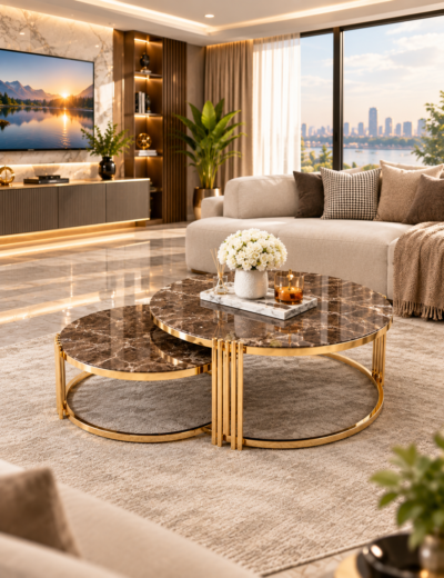 TABLE BASSE ENSEMBLE 2PIECES 80X60CM MARRON MARBRE R04