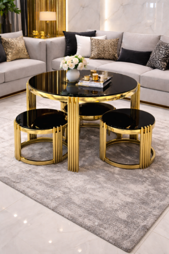 TABLE BASSE ENSEMBLE 4PIECES 90X90/50X50/45X45/40X40 NOIR MARBRE A02