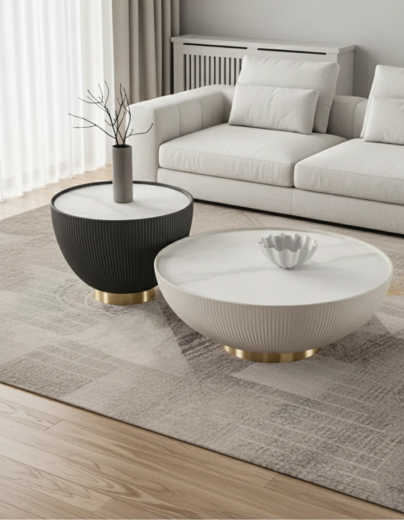 TABLE BASSE RONDE EN DUO 48X48X45 CM / 72X72X37 CM GRIS BLANC TB043