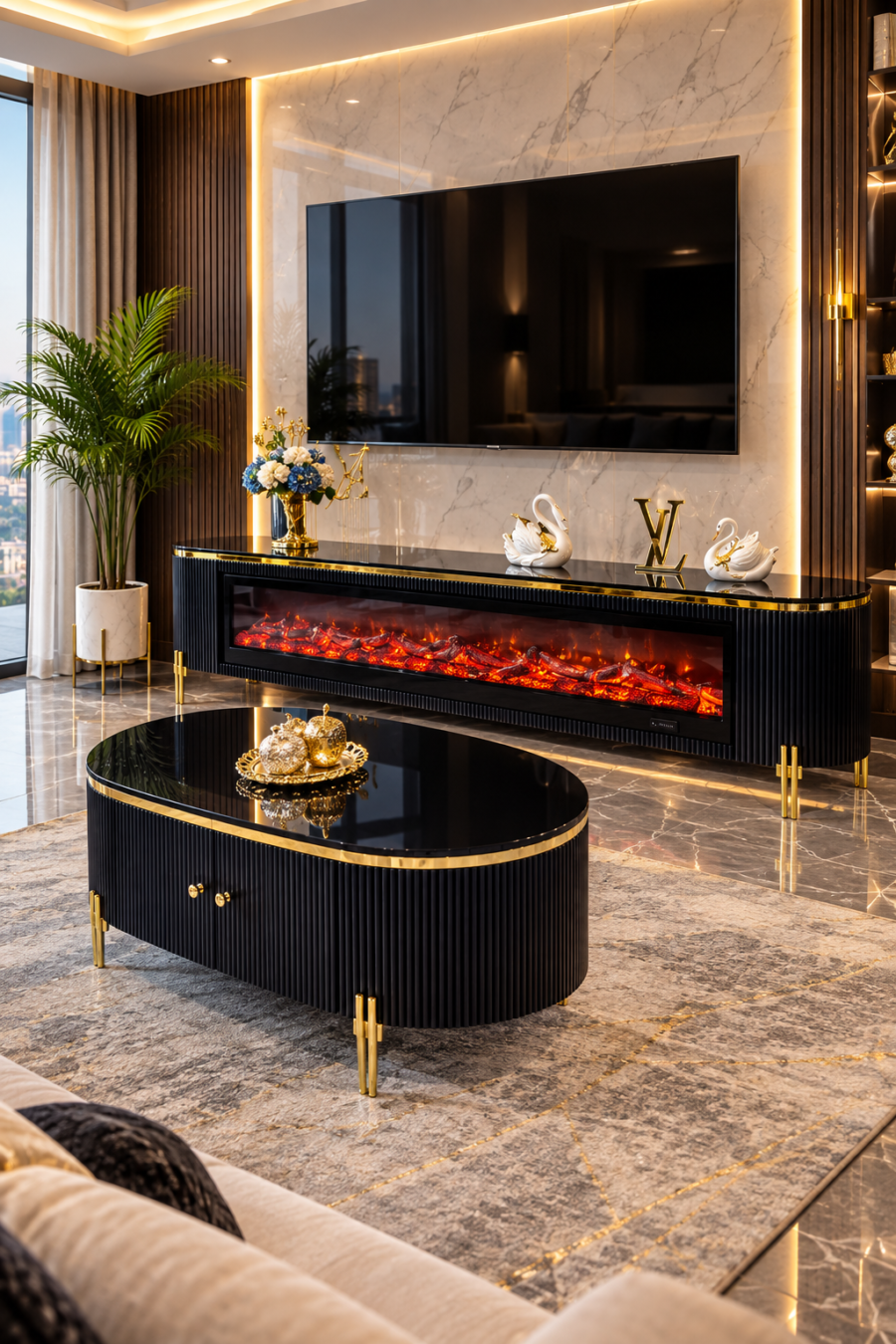 TABLE TELEVISEUR 200X40CM + TABLE BASSE 130X70CM NOIR Q63