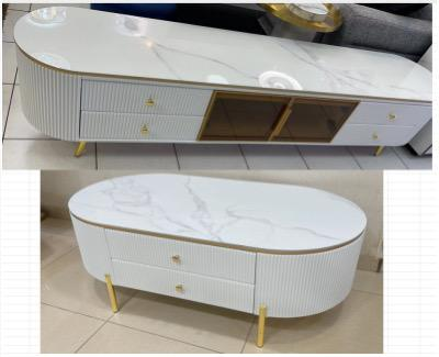 TABLE TELEVISEUR BLANC MARBRE 200X40X46 TV2032 + TABLE BASSE 130X70 2032