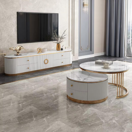 TABLE TELEVISEUR BLANC MARBRE 200X40X46 TV2033 + TABLE BASSE 80X45/60X40 2033