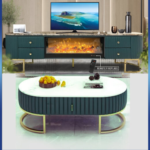 TABLE TELEVISEUR BLANC MARBRE VERT 200X40X46 TVE66-1 + TABLE BASSE 130X70 E66