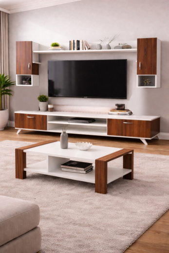 TABLE TELEVISEUR MARRON BLANC 160X40CM TV204+TABLE BASSE 120X60 204